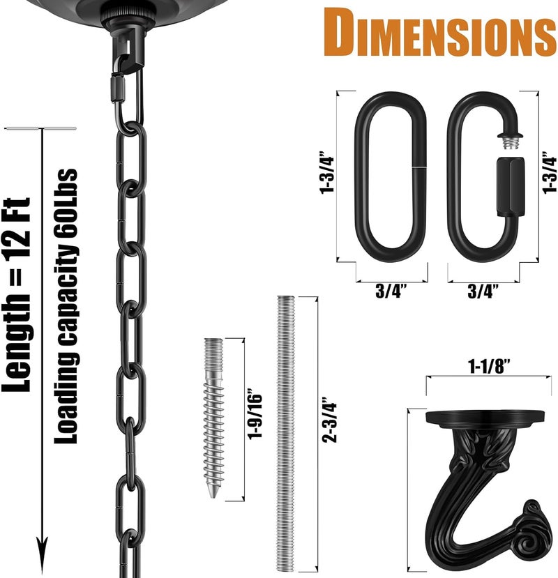 Omytie 12 Ft Heavy Duty Hanging Chain Kit with Connection Locks & Swag Ceiling Hooks for Lighting Fixture, Chandelier, Pendant, Lantern, Swag Lamp, Plant/Flower/Fruit Basket, Bird Feeder (Black) - Image 3
